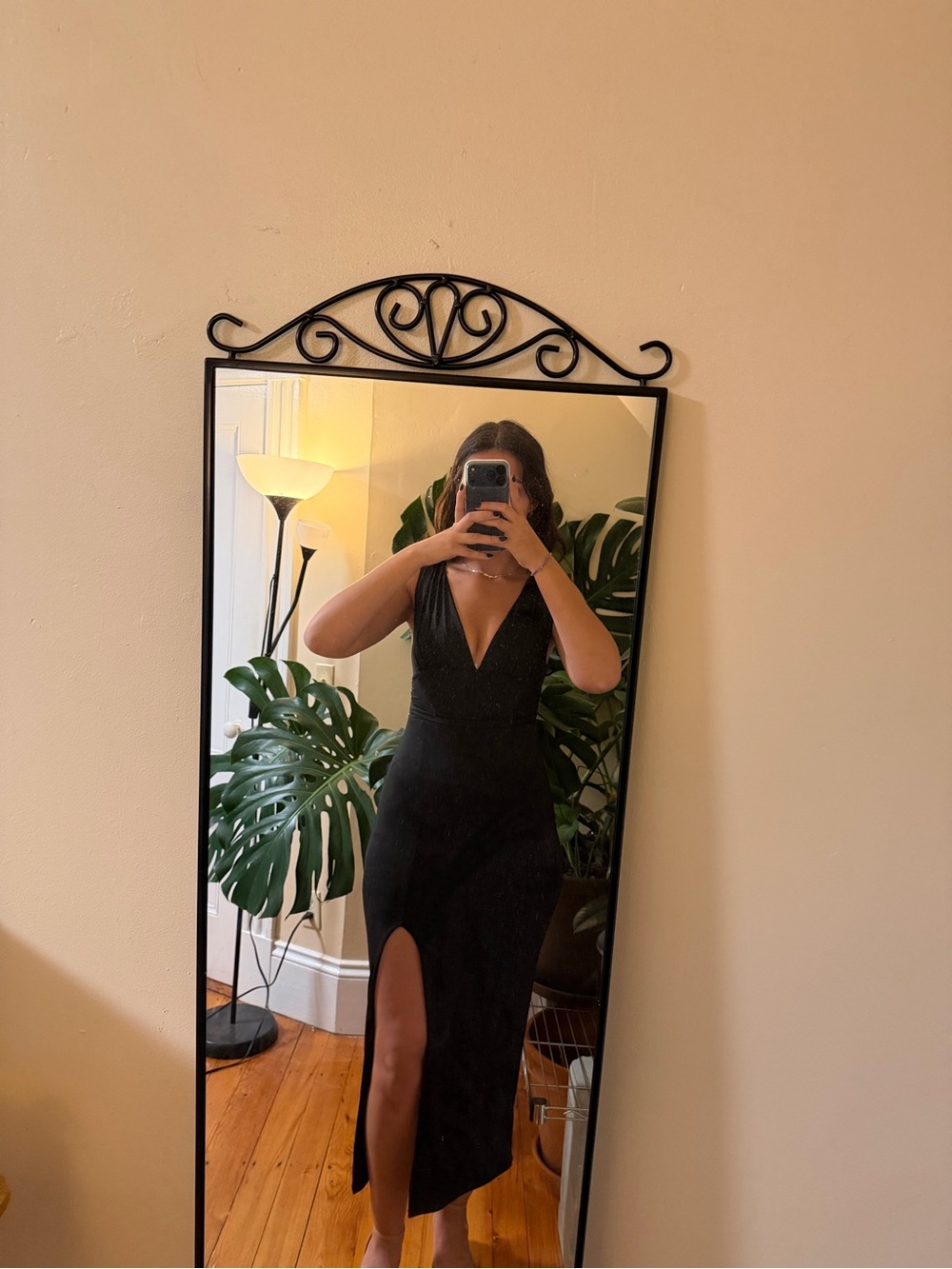Amazon Black V-Neck Midi Dress with Side Slit